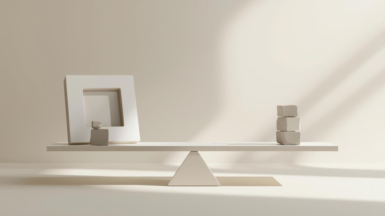 金額を左右する要素（家庭・期間・露見など）を抽象物で示したミニマルな静物