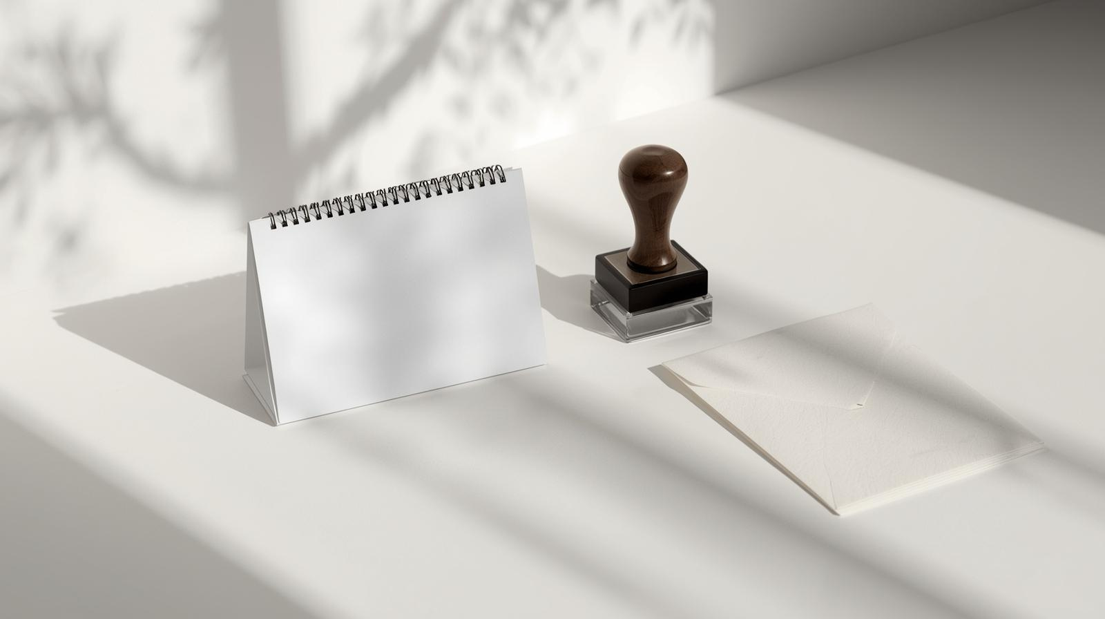 時効の起算点と停止・更新を連想させる机上スチル（カレンダー、スタンプ、封筒）