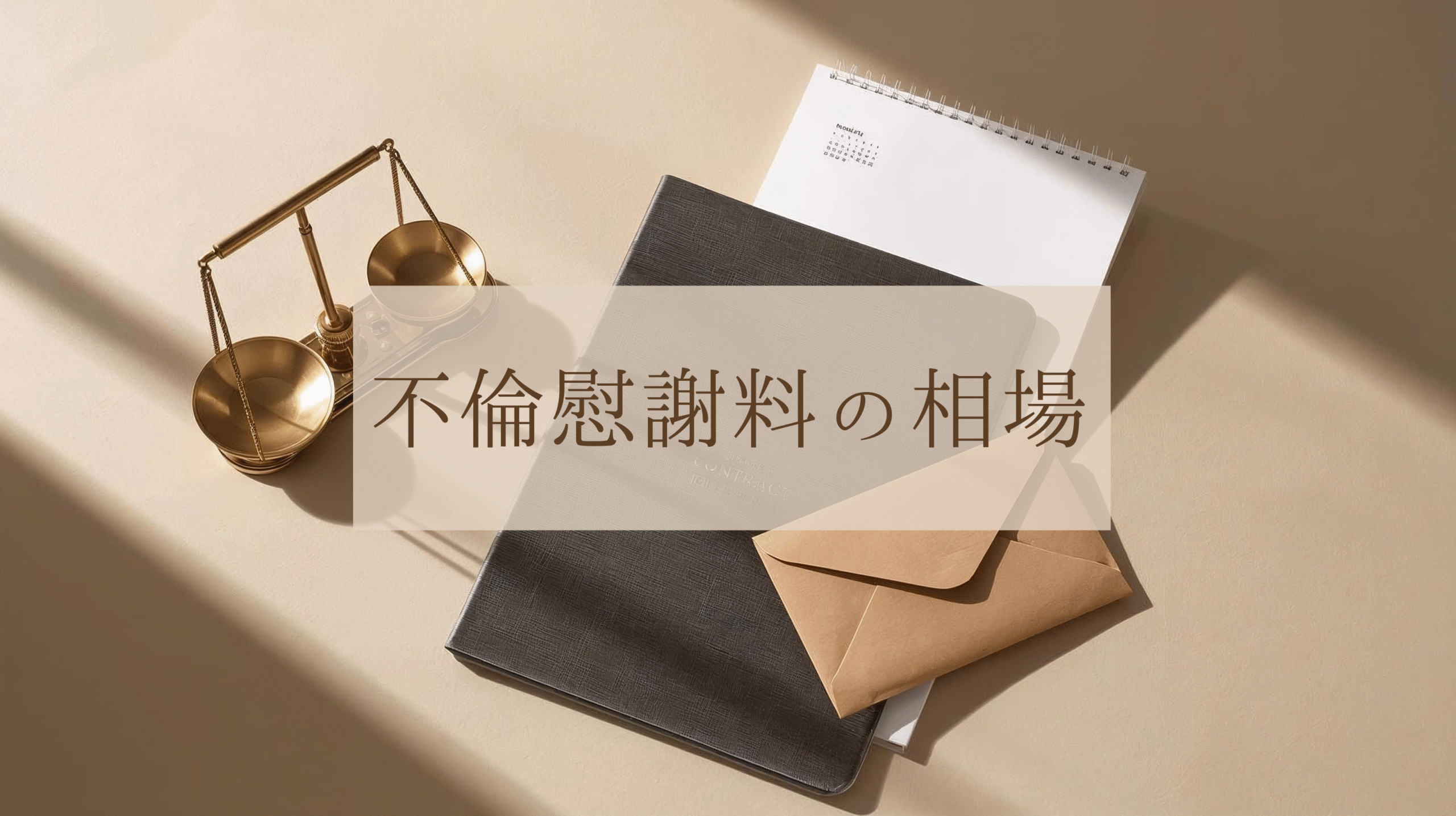 慰謝料請求の全体像（天秤・契約書・カレンダー・封筒）の落ち着いたスチルライフ